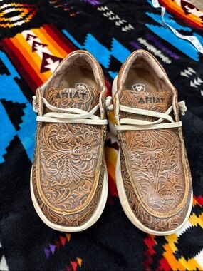 Ariat Brown Floral Tooled Leather Boat Shoes with Cream Laces
